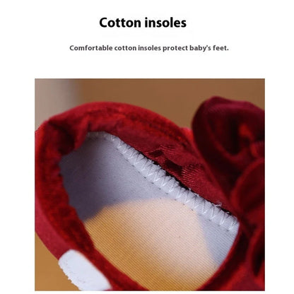 Wine red baby girl's shoes with elastic band closure and textured non-slip rubber soles