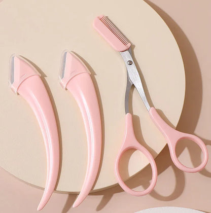 White or pink eyebrow trimming knife with curved comb for eyebrow shaping and hair removal