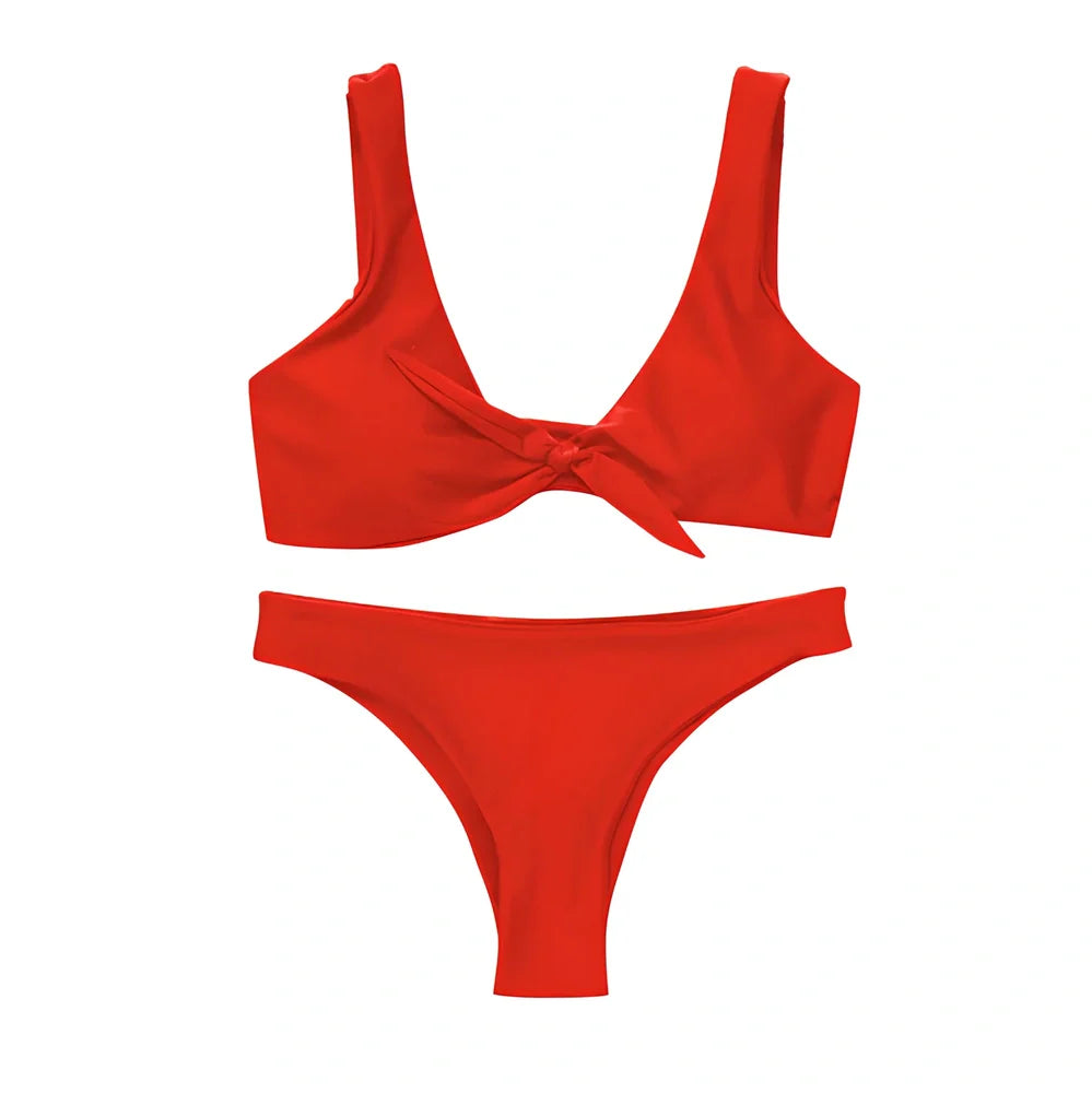 Women's solid colour polyester bikini set for swimming with European styling