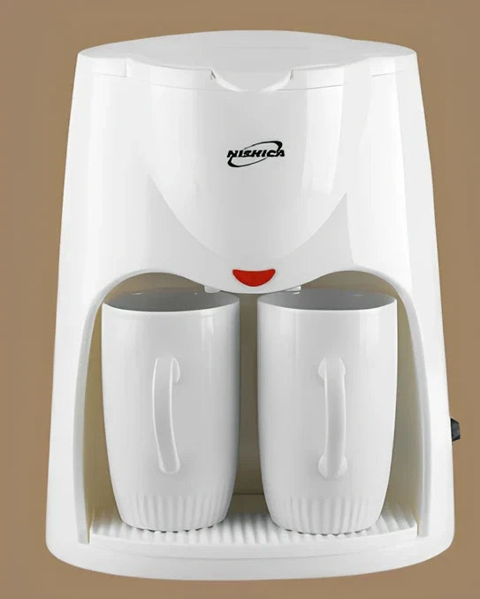 Automatic American coffee machine in black brewing two cups simultaneously with included 180ml ceramic cups and 5g spoon