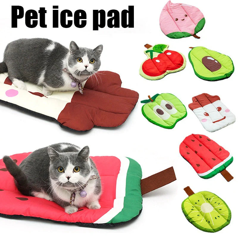 Ice Silk Pet Cooling Mat in various summer fruit designs, perfect for keeping your pet cool and comfortable during the summer.