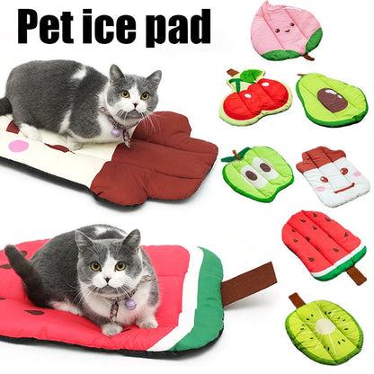 Ice Silk Pet Cooling Mat in various summer fruit designs, perfect for keeping your pet cool and comfortable during the summer.