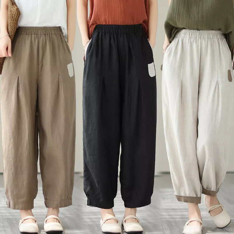 Loose large size slimming high waist pants in black, brown, and linen colors