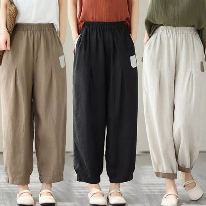 Loose large size slimming high waist pants in black, brown, and linen colors