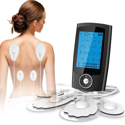 Rechargeable TENS unit with 16 massage modes, adjustable timer and intensity, and dual output for pain relief and muscle stimulation