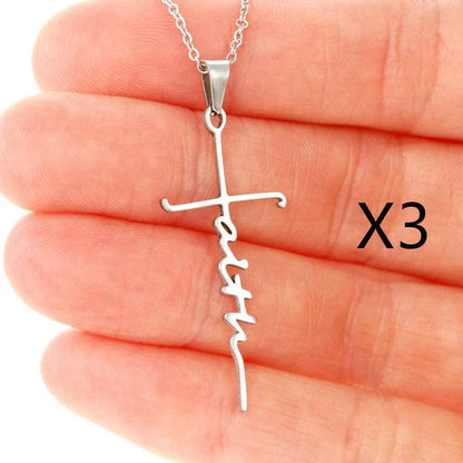 Stainless Steel Faith Necklace with adjustable chain in silver, gold, and rose gold finishes