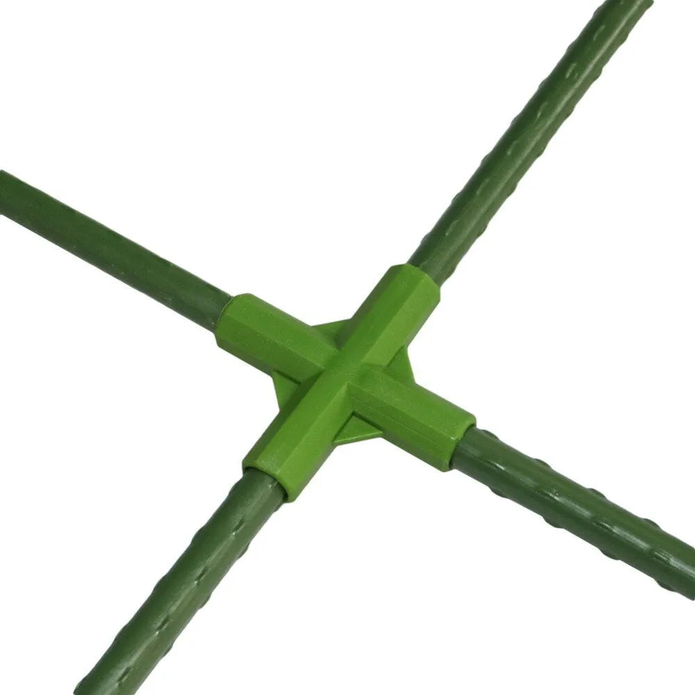 Two white PP plastic 3-way and 4-way plant support connector joints for 11mm garden stakes.