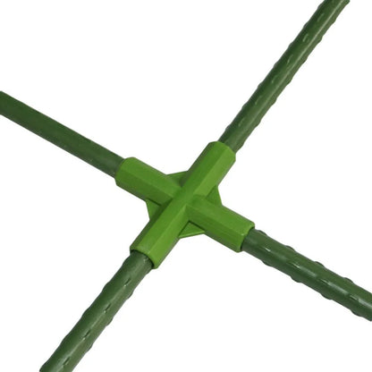 Two white PP plastic 3-way and 4-way plant support connector joints for 11mm garden stakes.