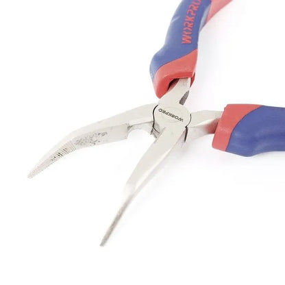 Blue curved nose pliers with dual-colour sleeve handles for precision work.
