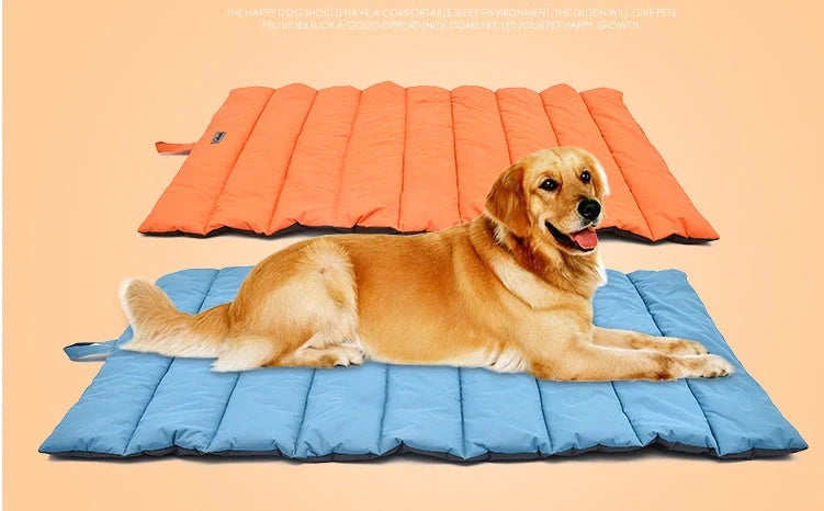 Waterproof and bite-resistant pet mat in brilliant blue, green, light blue, and orange