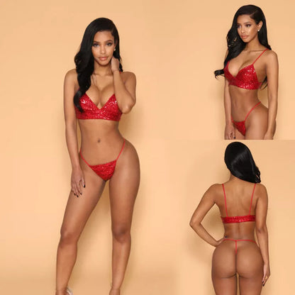 Red sequins bikini suit with suspenders and nail sequins for a bold beach look