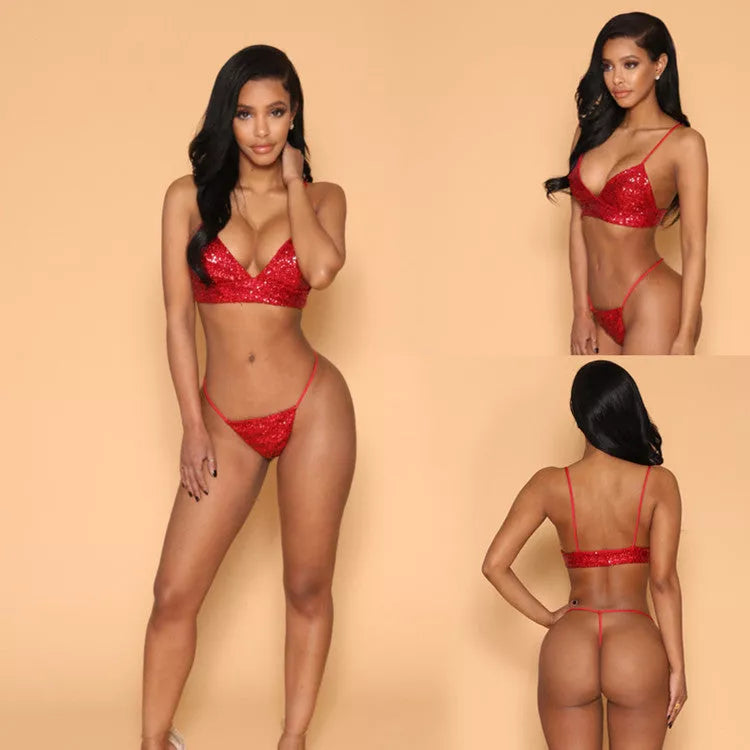 Red sequins bikini suit with suspenders and nail sequins for a bold beach look