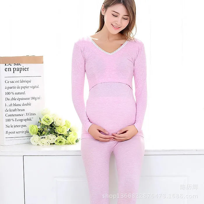 Autumn maternity nursing set: V-neck long sleeve top and long pants in natural coloured cotton blend, one size, five colours.