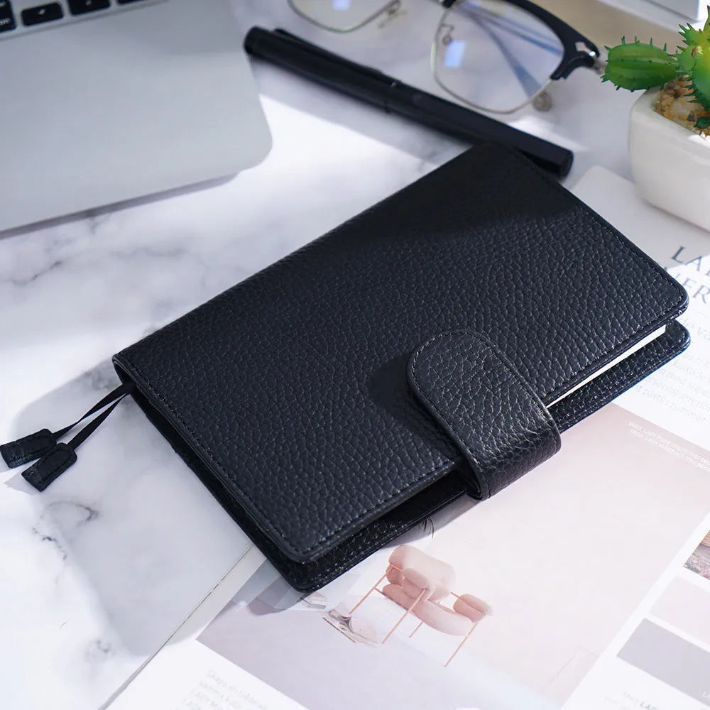 Cowhide leather A6 notebook with Lychee pattern design in loose-leaf diary format