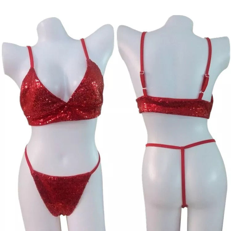 Red sequins bikini suit with suspenders and nail sequins for a bold beach look