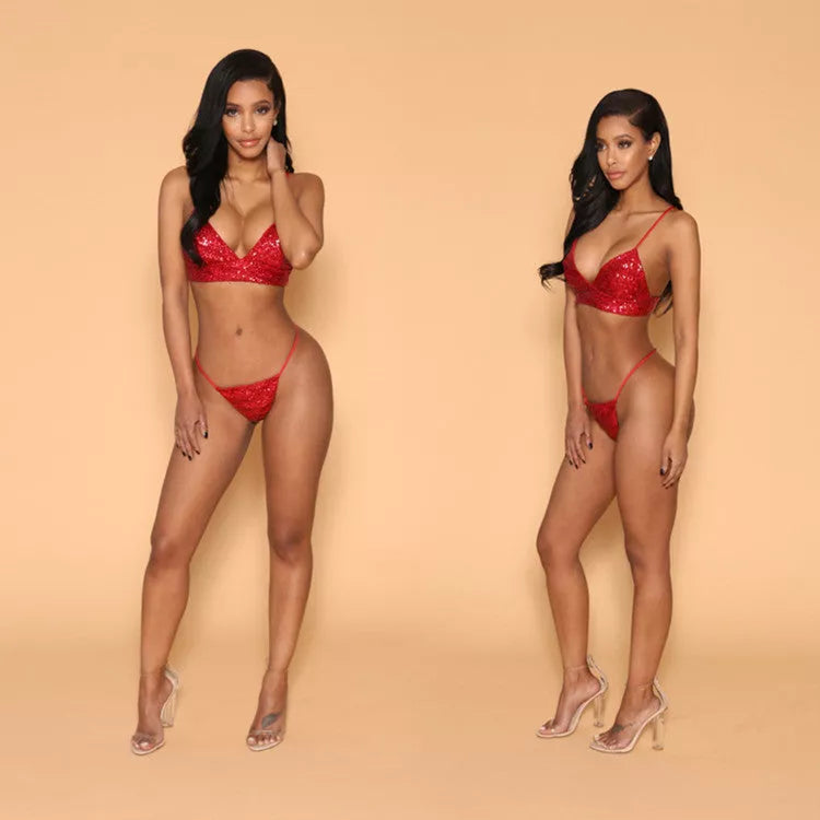 Red sequins bikini suit with suspenders and nail sequins for a bold beach look