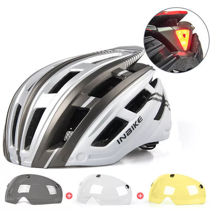 Mountain road bikes cycling helmet with tail lights and interchangeable lenses for men and women
