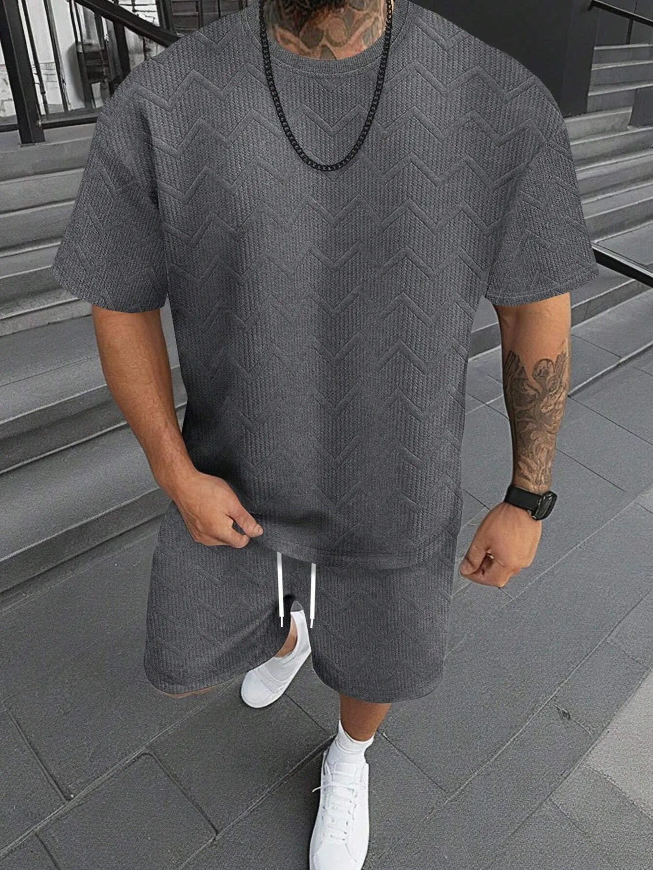 Men's short sleeve shorts suit with 3D digital printed pattern in polyester blend fabric
