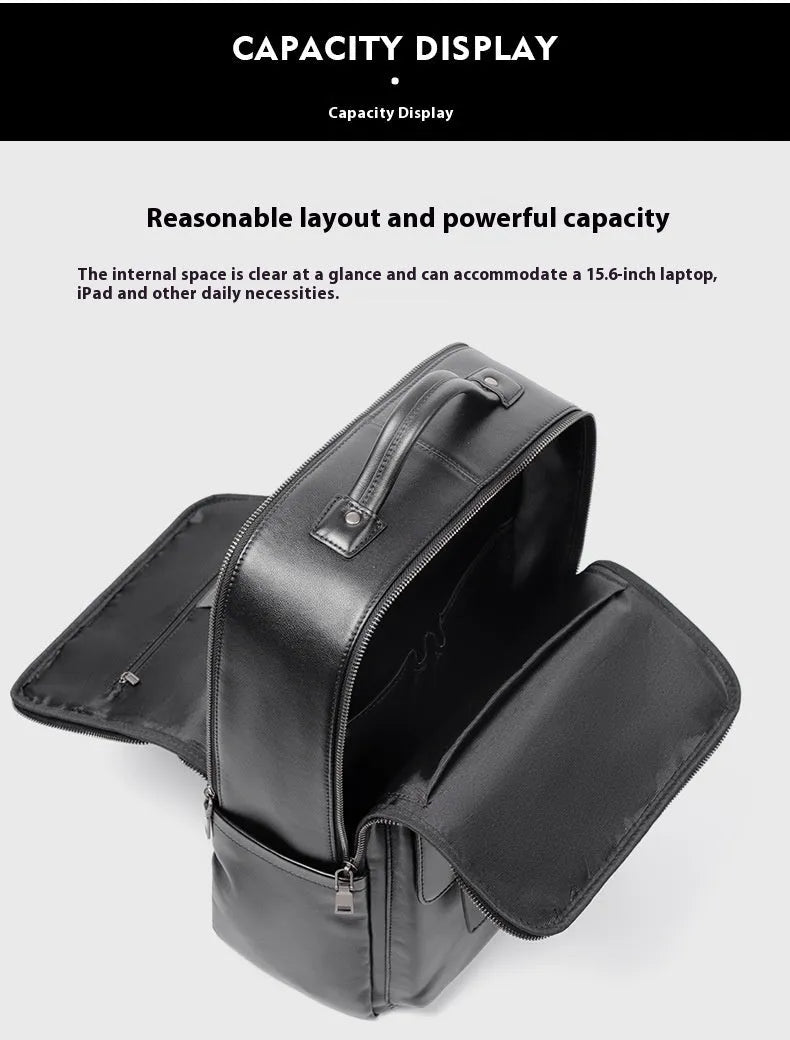 Men's genuine cowhide leather computer backpack in black with 36-55 litre capacity