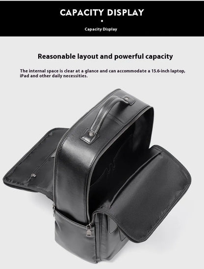 Men's genuine cowhide leather computer backpack in black with 36-55 litre capacity
