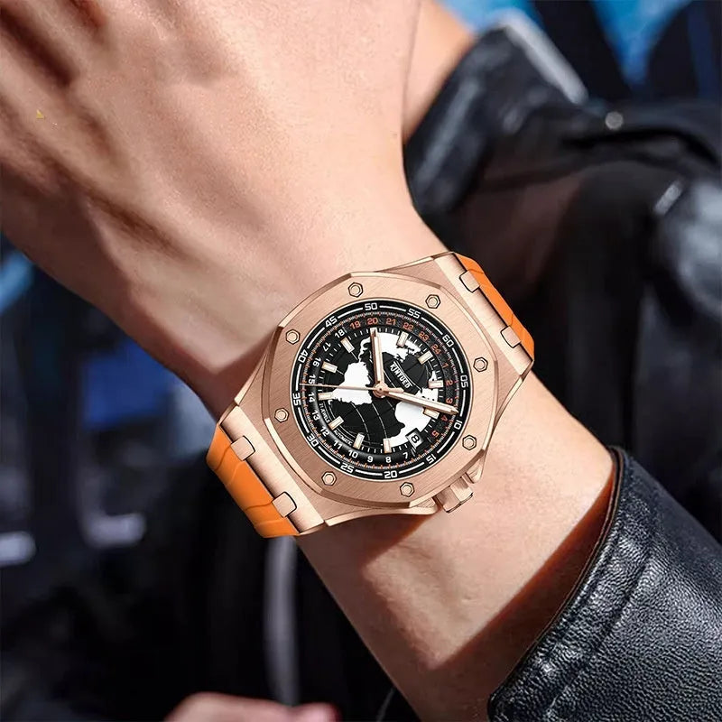Automatic men's hollow mechanical watch with stainless steel strap, round alloy case, 30m waterproof, Black Blue Orange
