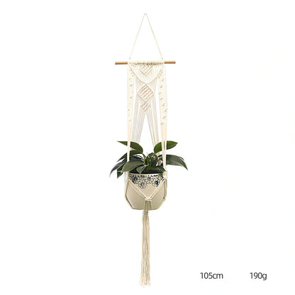 Hand-knitted cotton flowerpot net bag showing mesh pattern and hanging installation