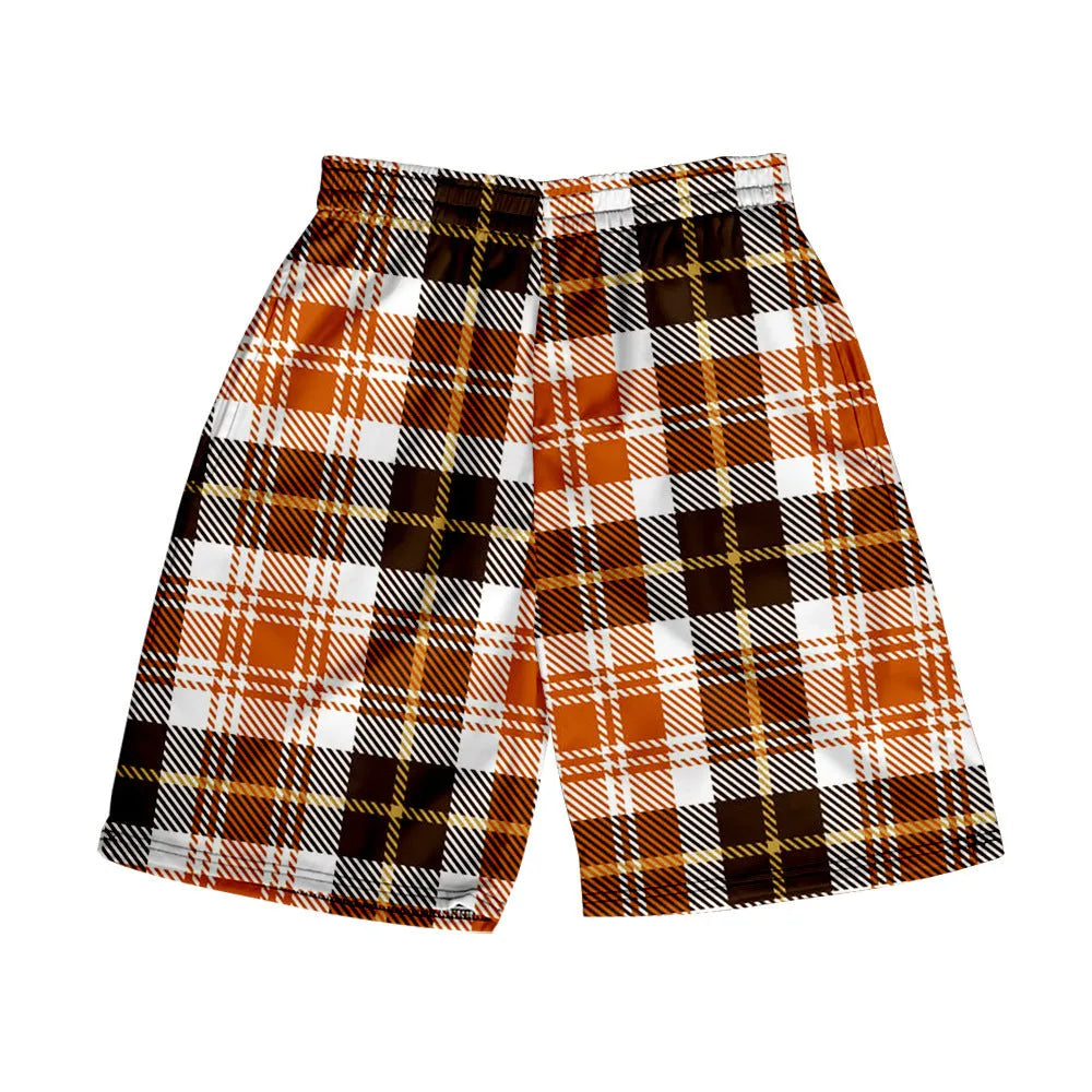 Men's plaid pattern casual shorts with an elastic waistband, shown in a straight leg design.