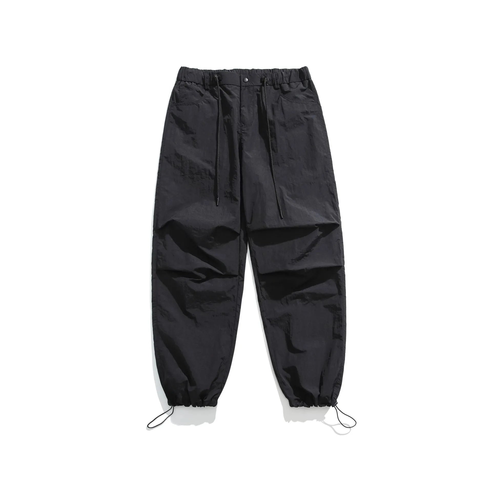 Men's loose straight-leg casual pants in thin ice silk fabric shown in black colour