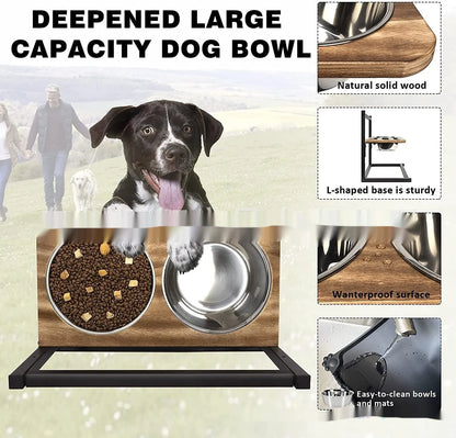Black iron elevated dog food and water bowl stand with rack, 42 cm long by 40 cm high.