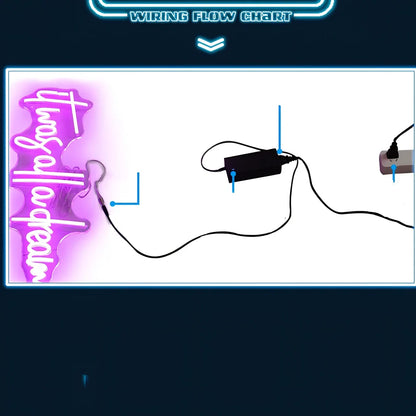 Custom neon letter sign with Alec shell material in 50cm to 90cm sizes showing 12V power system