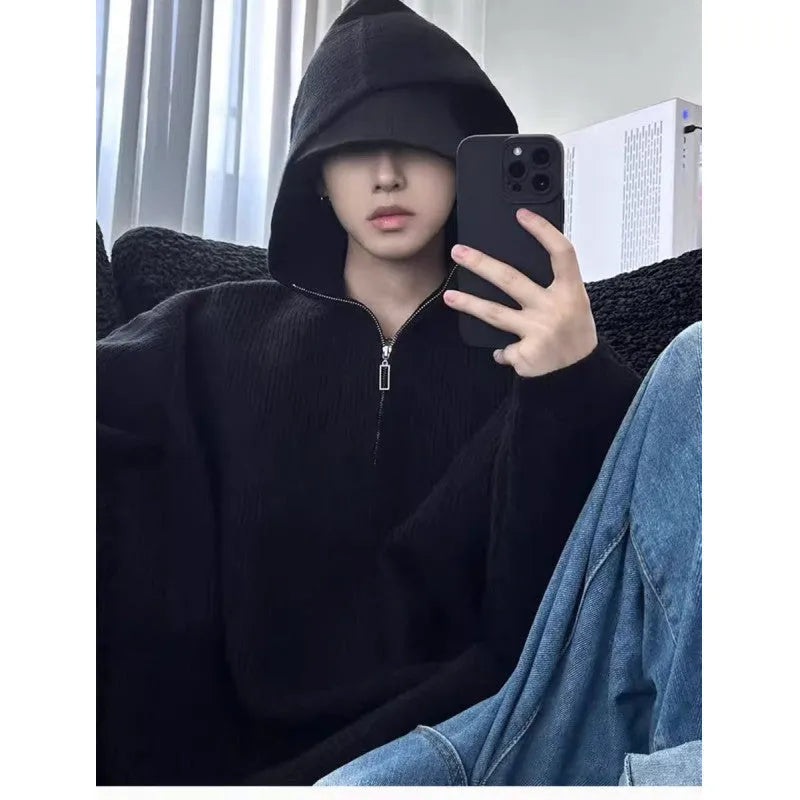 Loose baggy knitted sweater coat, long sleeve, polyester fiber, shown in dark gray black khaki, sizes M to 3XL