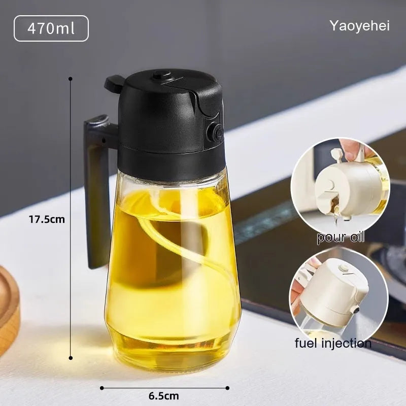 470ml glass olive oil sprayer and pour bottle with ergonomic handle in beige, yellow, green, and black colour options.