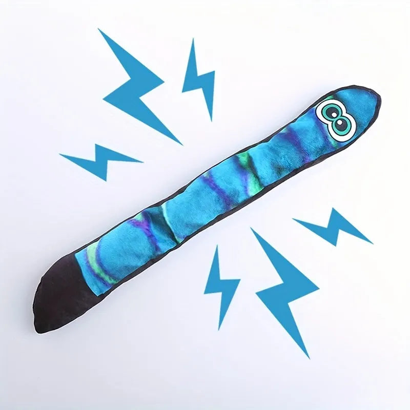 Multicolour striped plush snake dog squeaky toy on a white background.