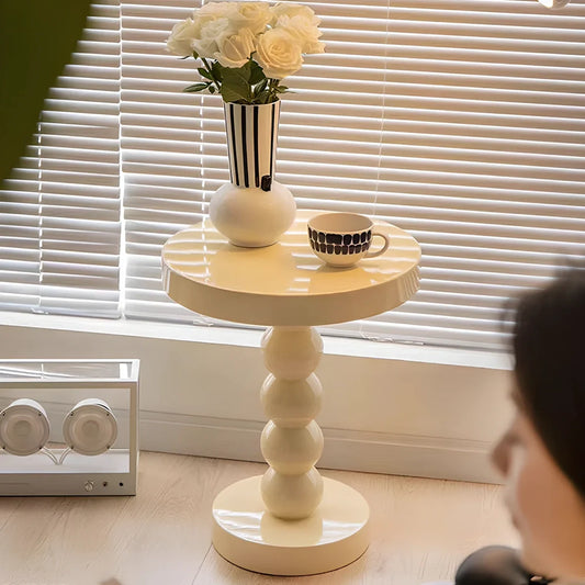 Vintage solid wood round bedside table with 40cm diameter top in minimalist design