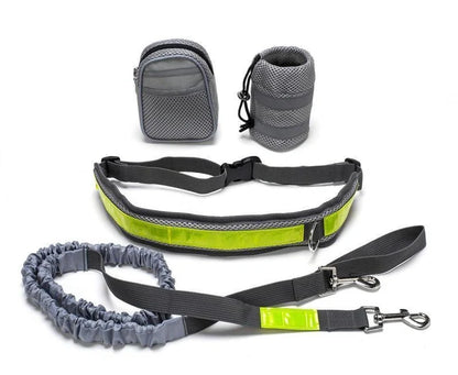 Adjustable hands-free dog leash set in gray, black, green, or red with waist and sundries bags