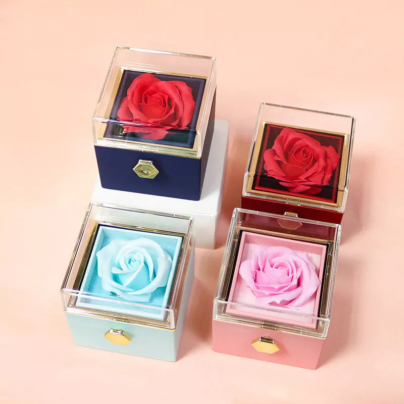 Rotating soap flower rose gift box with jewelry drawer in red, blue, lake blue, or pink