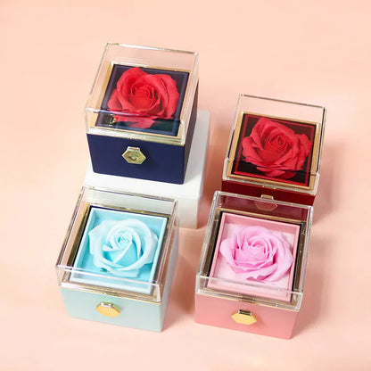 Rotating soap flower rose gift box with jewelry drawer in red, blue, lake blue, or pink