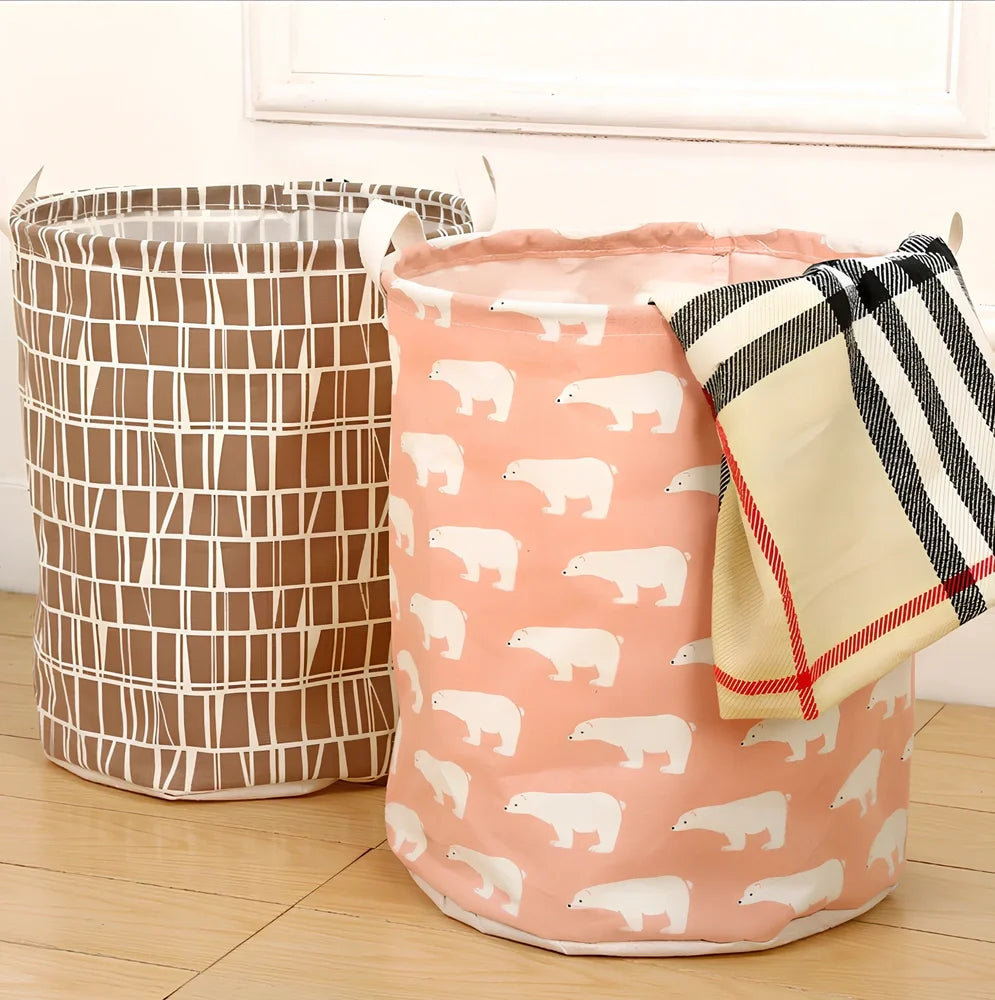 Foldable cotton-linen laundry basket with cartoon polar bear design, collapsed to show 8cm height