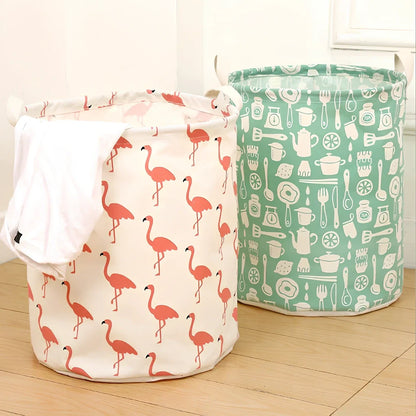 Foldable cotton-linen laundry basket with cartoon polar bear design, collapsed to show 8cm height