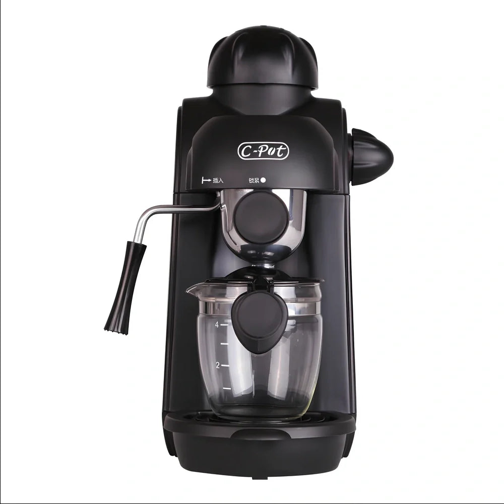 Black home mini espresso machine with Italian-style design and steam-powered brewing system