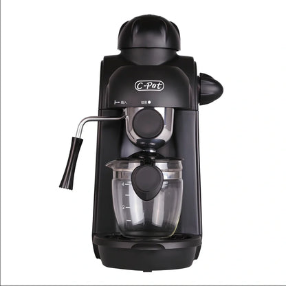Black home mini espresso machine with Italian-style design and steam-powered brewing system