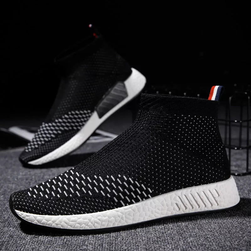 Men's lightweight fabric running shoes in black, white, and red with breathable mesh design