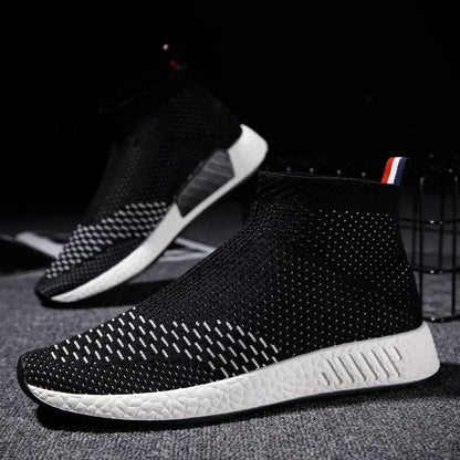 Men's lightweight fabric running shoes in black, white, and red with breathable mesh design