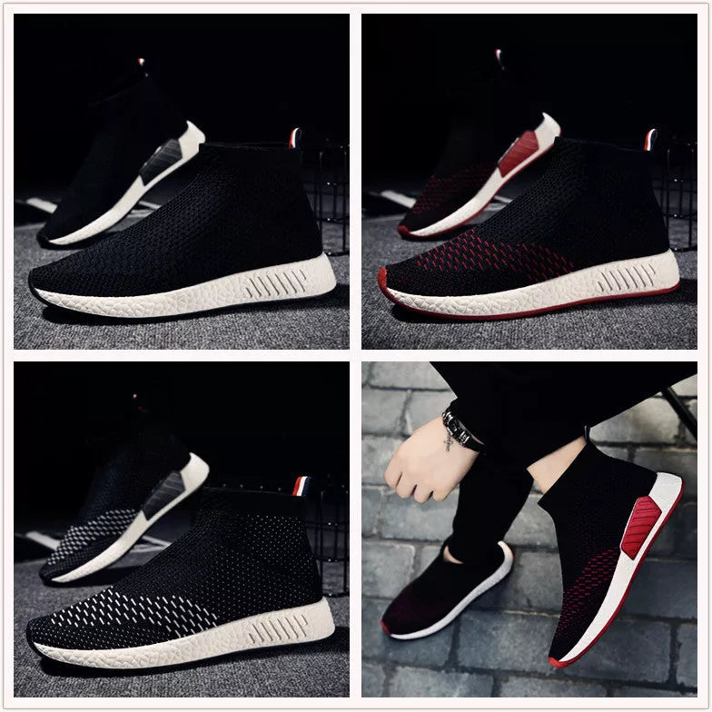 Men's lightweight fabric running shoes in black, white, and red with breathable mesh design