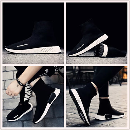 Men's lightweight fabric running shoes in black, white, and red with breathable mesh design