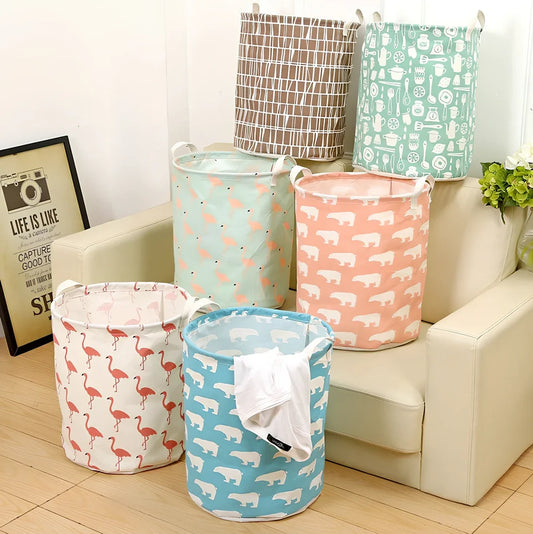 Foldable cotton-linen laundry basket with cartoon polar bear design, collapsed to show 8cm height