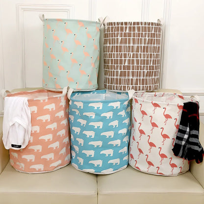 Foldable cotton-linen laundry basket with cartoon polar bear design, collapsed to show 8cm height