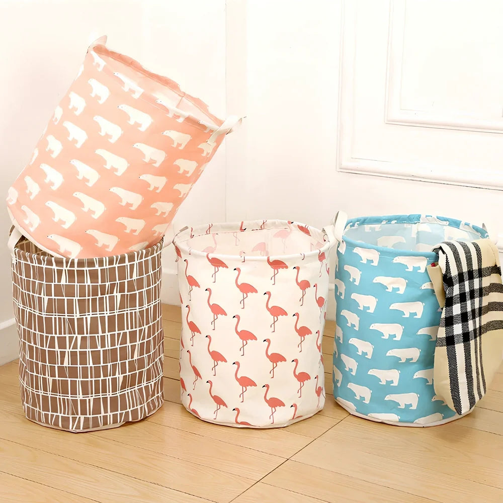Foldable cotton-linen laundry basket with cartoon polar bear design, collapsed to show 8cm height