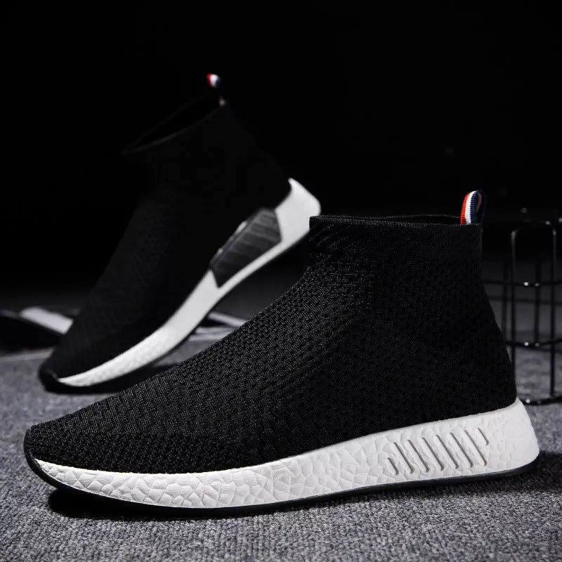 Men's lightweight fabric running shoes in black, white, and red with breathable mesh design