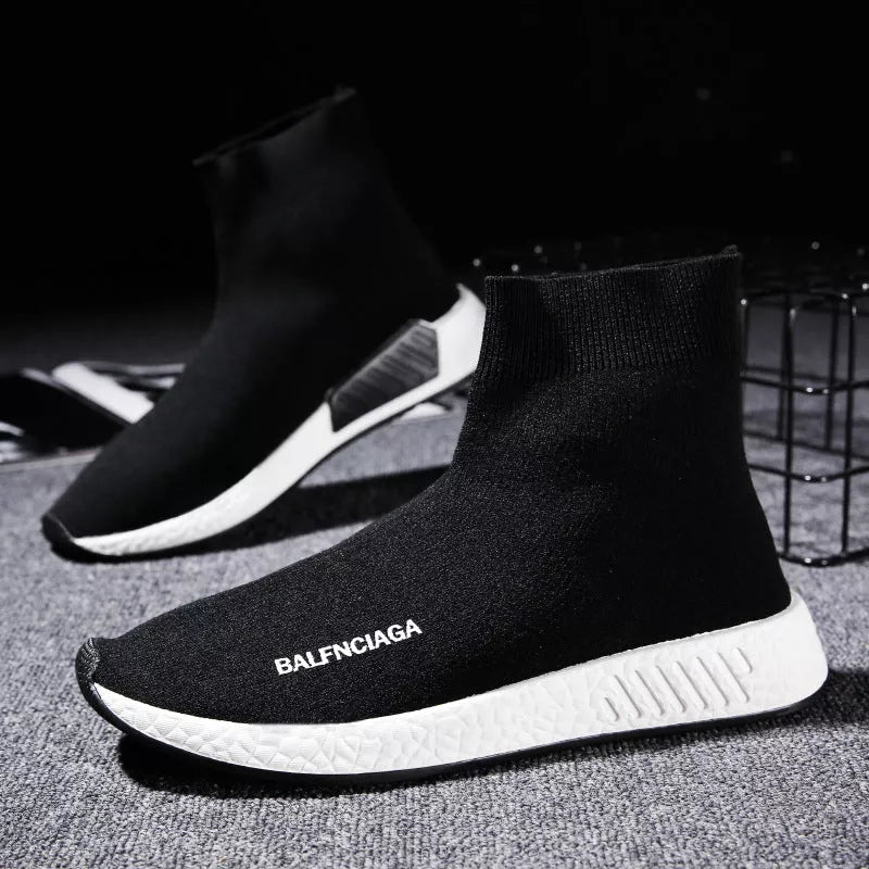 Men's lightweight fabric running shoes in black, white, and red with breathable mesh design